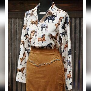 Fashion Express Stallion Cream Button Up Horse Printed Long Sleeve Size Large